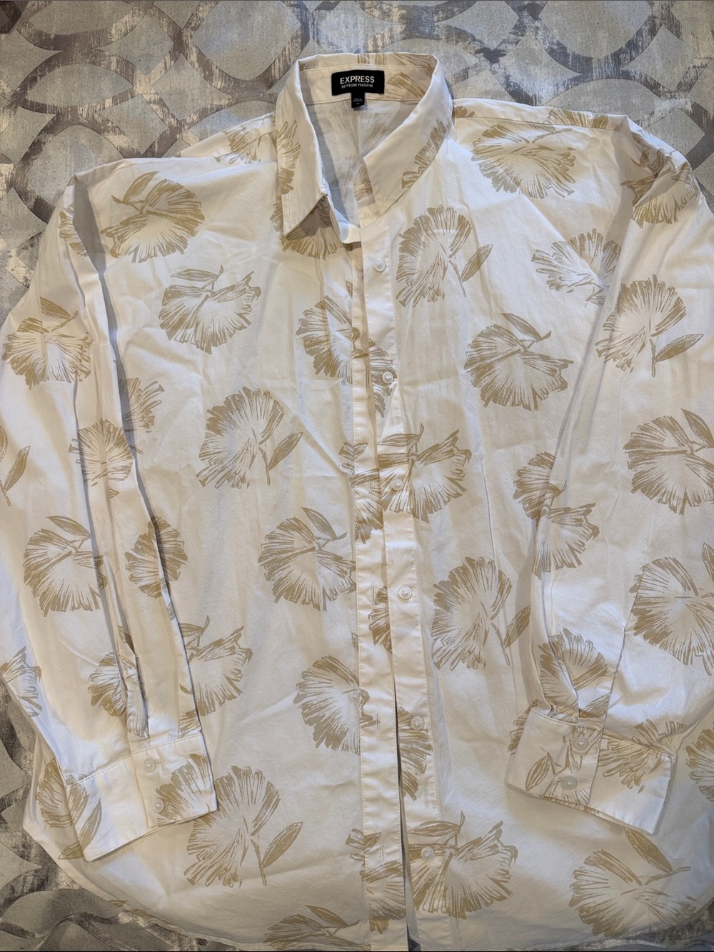 Express Men’s White Button-Down Shirt with Beige Floral Print